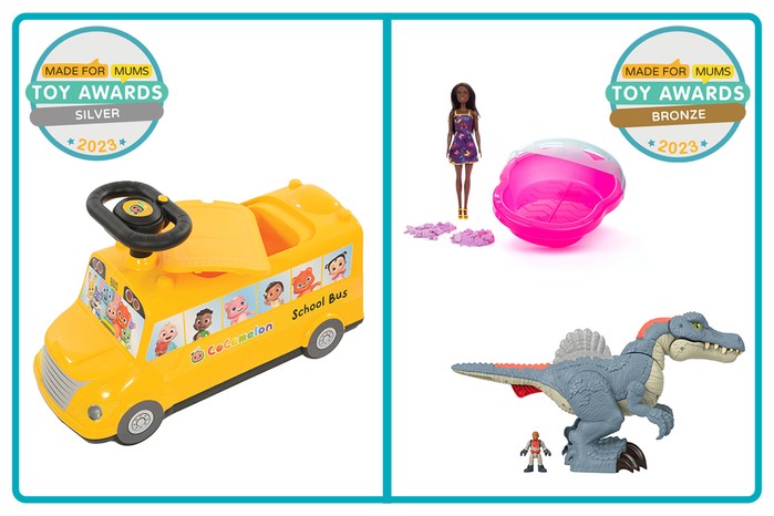 MadeForMums Toy Awards Silver winner CoComelon School Bus Ride On and Bronze winners Sambro Barbie Me Pedi Spa Party with Doll and Imaginext Jurassic World Ultra Snap Spinosaurus