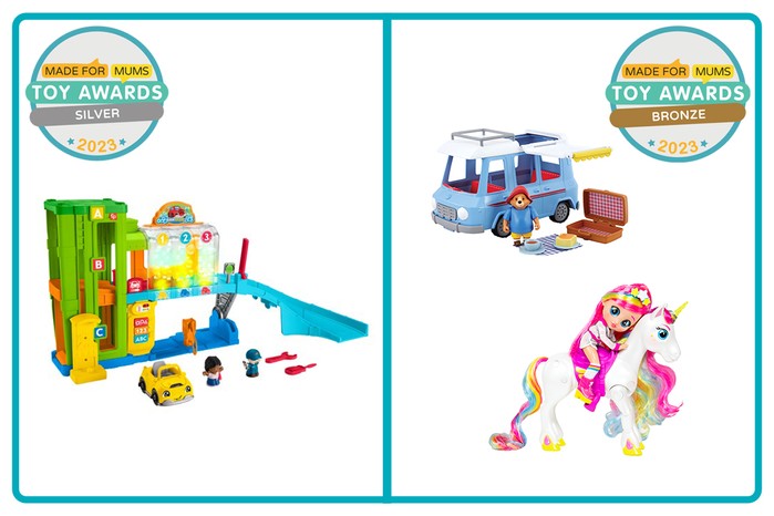 MadeForMums Toy Awards Silver winner Fisher-Price Little People Light-Up Learning Garage and Bronze winner The Adventures of Paddington Campervan Playset and Cry Babies BFF Dreamy Rym
