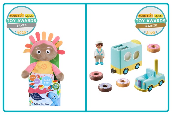 MadeForMums Toy Awards Silver winner In The Night Garden Talking Soft Toys and Bronze winner Playmobil 71325 123 Doughnut Truck with Stacking and Sorting Feature