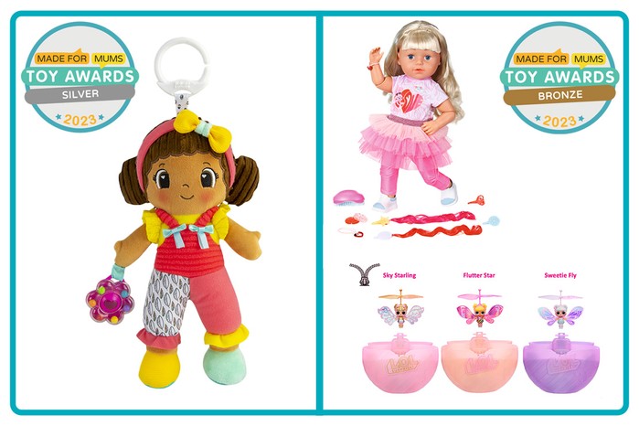 MadeForMums Toy Awards Silver winner Lamaze My Friend Jasmine and Bronze winner BABY born Sister Play & Style 43cm and L.O.L. Surprise Magic Flyers