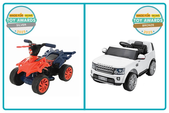 MadeForMums Toy Awards Silver winner Marvel Spiderman 6v Light-Up Web Slinger Mini Quad and Bronze winner Xootz - Land Rover Discovery Electric Ride-On