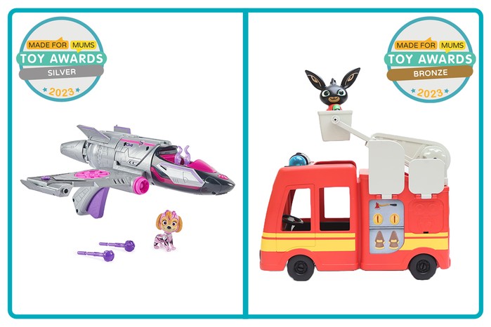 MadeForMums Toy Awards Silver winner PAW Patrol The Mighty Movie Skyes Mighty Movie Jet and Bronze winner Bing Lights Sounds Fire Engine from Golden Bear