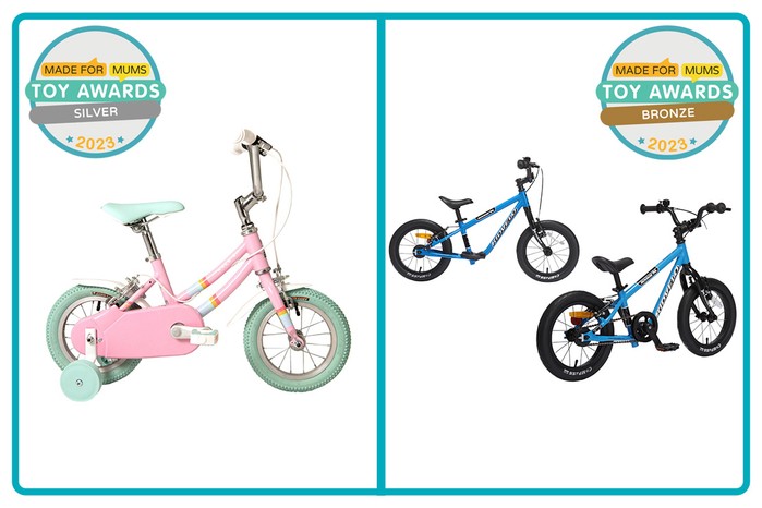 MadeForMums Toy Awards Silver winner Raleigh Pop - 12 inch Wheel Kids Bike Crossbar and Bronze winner Kidvelo Rookie 14 Convertible Balance to Pedal Bike