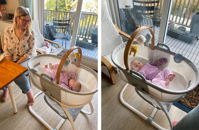 Two images of a baby lying in the Purflo PurAir Breathable Crib, one with the mother sitting next to the crib