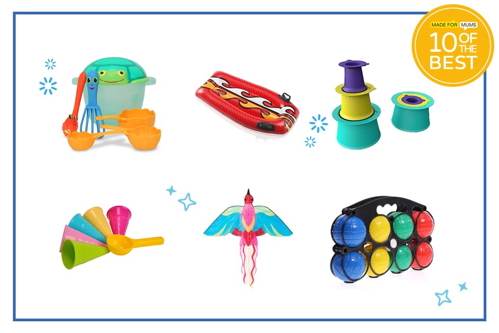 A collage of six different beach toys