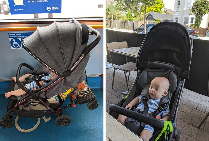 2 pictures of baby in eggZ, on a bus and at the table in a cafe