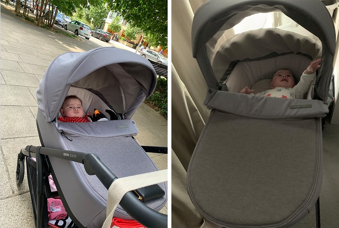 2 pictures of baby in Inglesina Electa carrycot