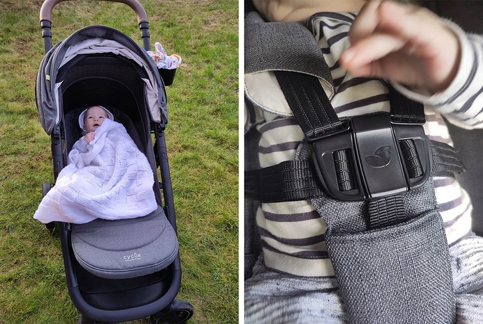 2 pictures of baby in Joie Mytrax Pro pushchair and a close up of pushchair straps