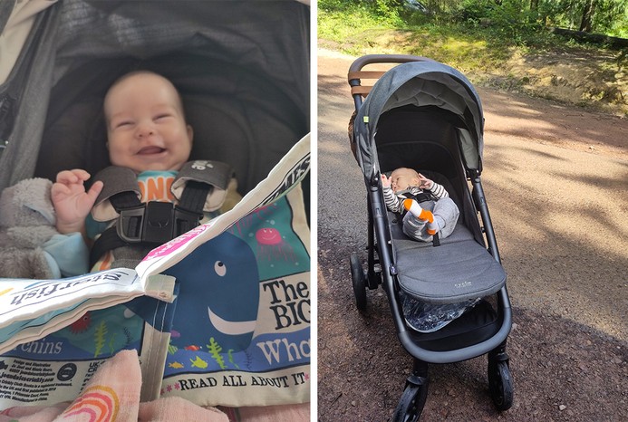 2 pictures of baby in Joie Mytrax Pro pushchair