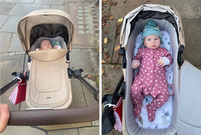 2 pictures of baby in Joolz Aer+ carrycot