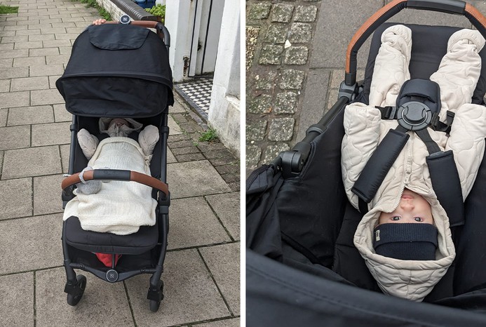 2 pictures of baby in Silver Cross Jet 3 stroller