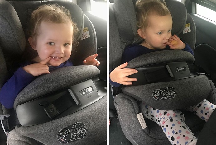 2 pictures of baby sitting up in Cybex Anoris T car seat