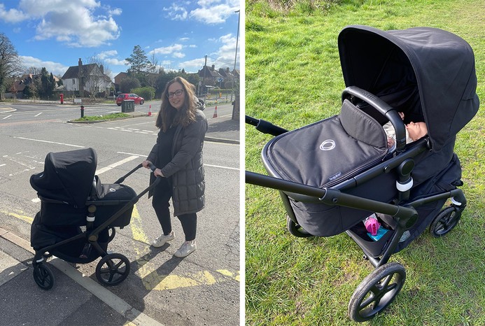 2 pictures of Bugaboo Fox 5 on pavement and grass