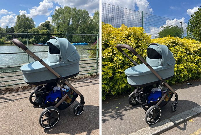 2 pictures of Cybex Balios S Lux with carrycot attached