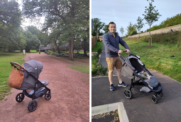 2 pictures of Joie Mytrax Pro pushchair on different terrain