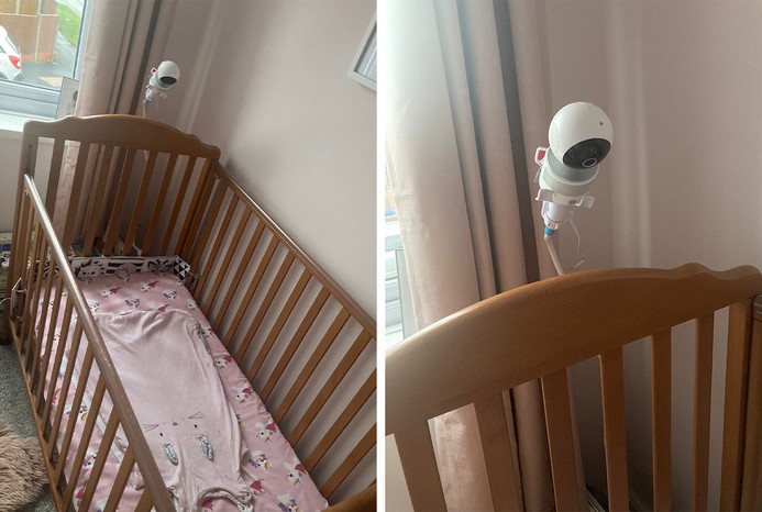 2 pictures of LeapFrog LF920HD camera above baby's cot