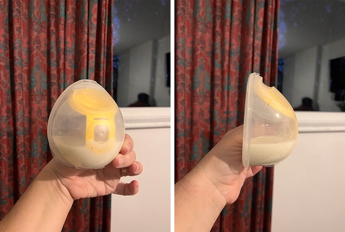 2 pictures of Medela pump filled with milk