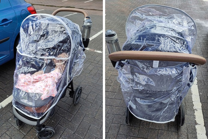 2 pictures of raincover on Joie Mytrax Pro pushchair