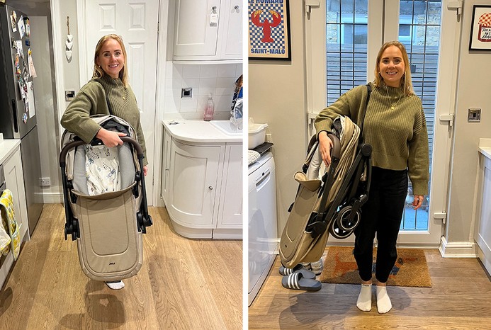 2 pictures of reviewer holding folded Joolz Aer+ pushchair with carrycot