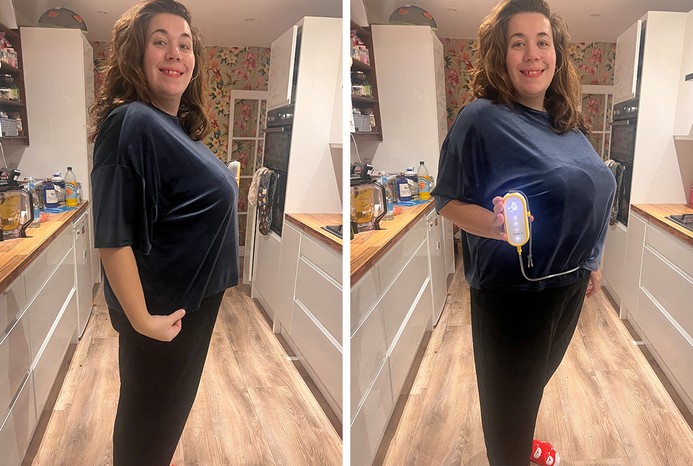 2 pictures of reviewer using breast pump under top