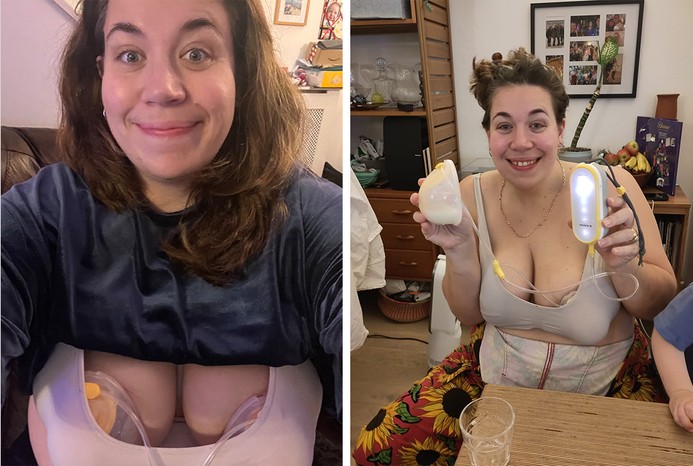 2 pictures of reviewer using Medela breast pump