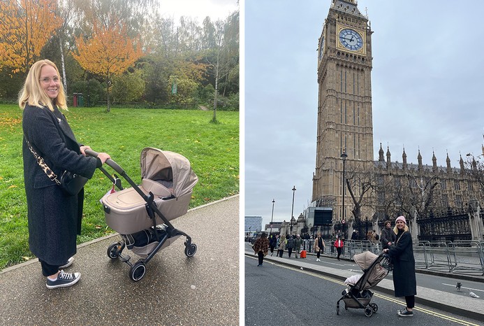 2 pictures of reviewer with Joolz Aer+ carrycot and Joolz Aer+ with seat unit