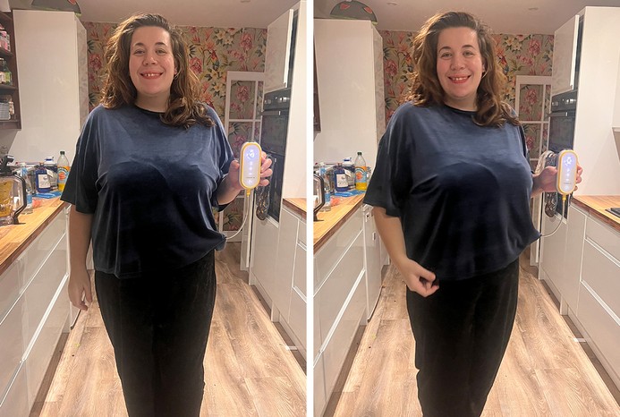 2 pictures of reviewer with Medela pump hand device