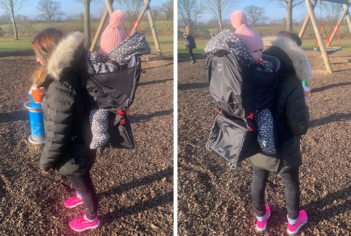 2 pictures of tester with toddler in Osprey Poco LT Carrier