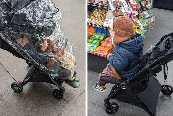 2 pictures of toddler in Silver Cross Jet 3 pushchair