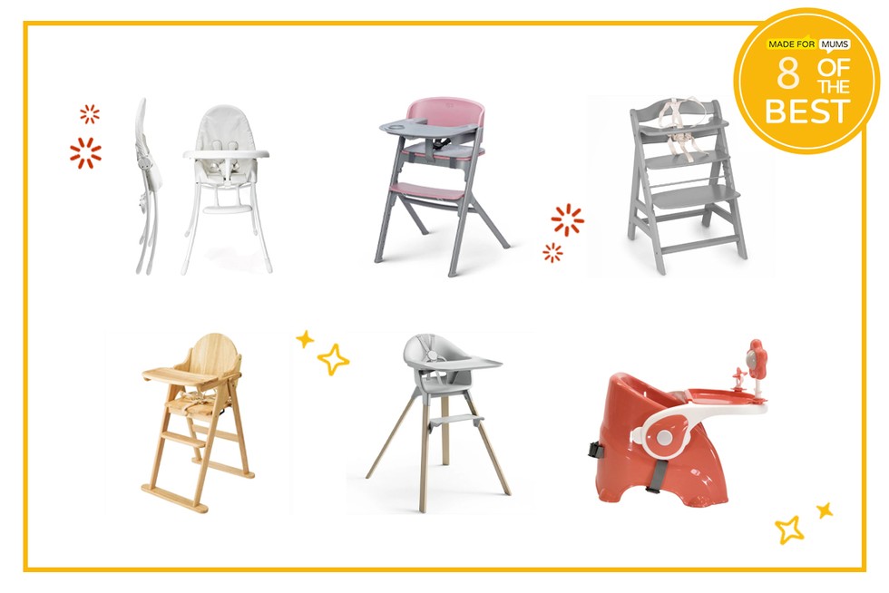 A collage of six different compact highchairs for small spaces