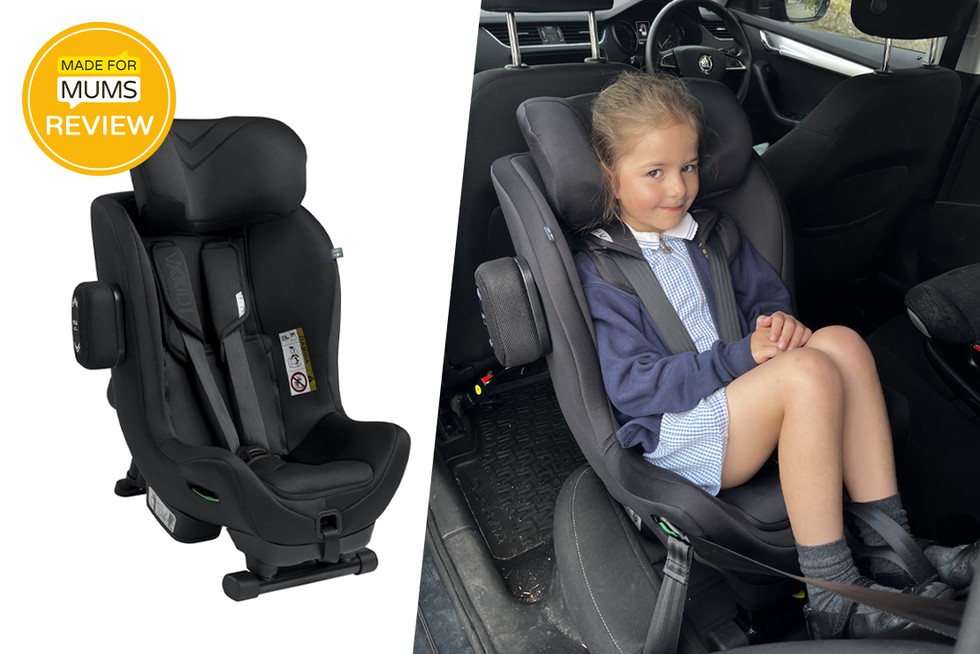 A collage showing a six year old in the Axkid Minikid 3 car seat, alongside a studio shot of the car seat