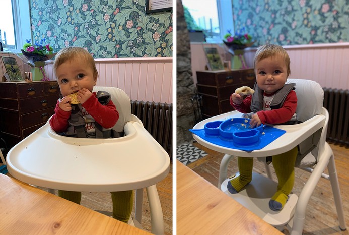 2 pictures of baby in Bugaboo Giraffe highchair