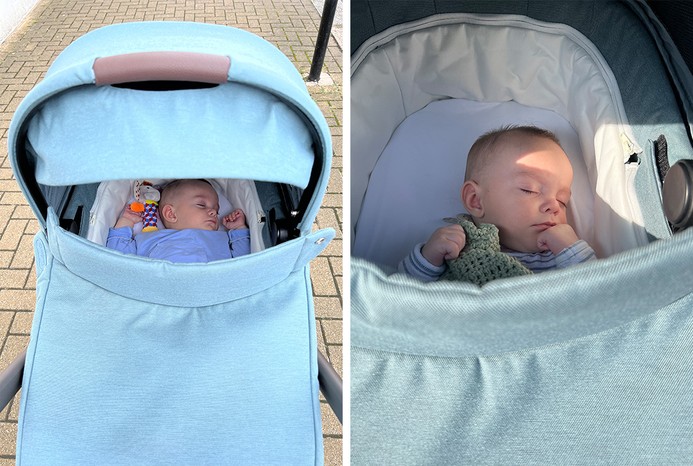 Baby sleeping in Cybex Balios S Lux carrycot