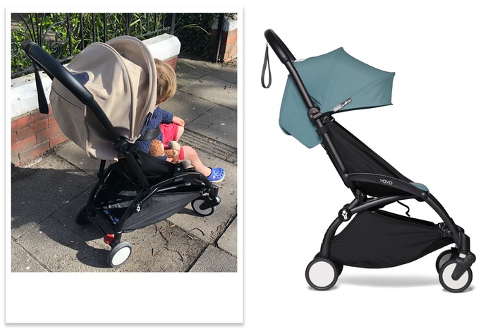 A collage of a child in the Babyzen YOYO2, next to a studio shot of the pushchair