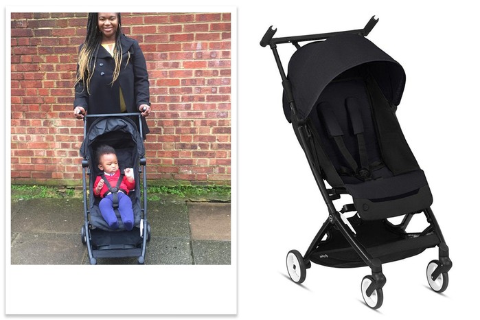 A collage showing a boy in the Cybex Libelle with a woman behind it, next to a studio shot of the same pushchair
