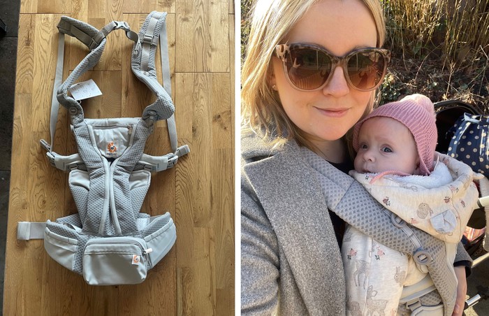 A collage of Ergobaby Omni Breeze Baby Carrier laid out on a table and also being used by a mum holding her baby