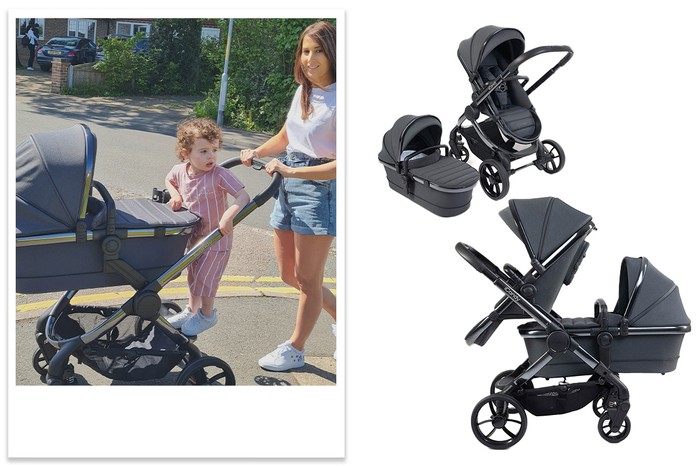 iCandy Peach 7 with tester and reviewer Cher, next to iCandy Peach 7 shown in double mode and with seat unit on next to carrycot