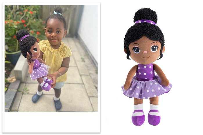 iFrodoll Personalised deep skin tone plush doll Navaeh with child tester