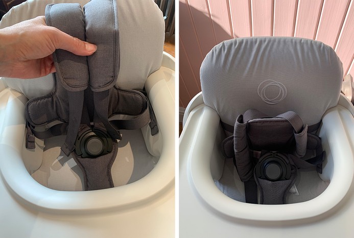2 picture showing seat unit and straps on Bugaboo Giraffe Highchair