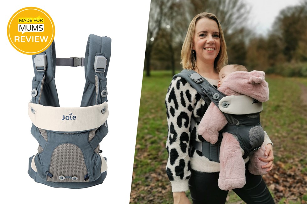 Joie Savvy Carrier Header Image showing Joie Carrier product image and reviewer with baby in carrier