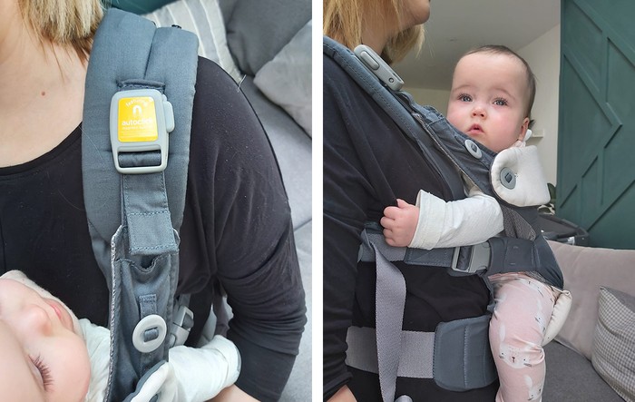Joie Savvy Carrier showing autoclick function and baby in carrier