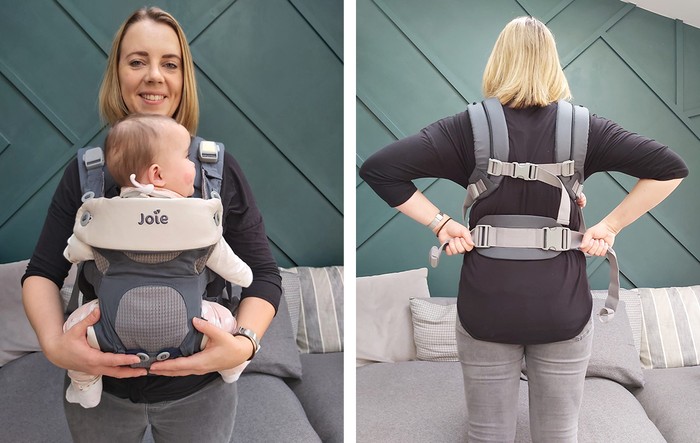 Joie Savvy Carrier showing baby in carrier and view from the back