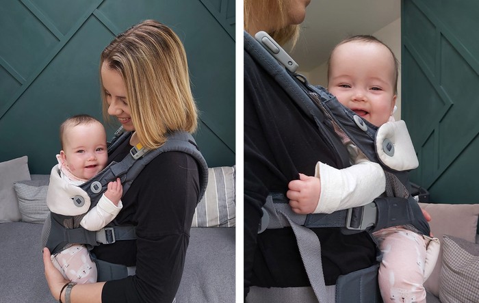 Joie Savvy Carrier being tested by reviewer with baby in carrier
