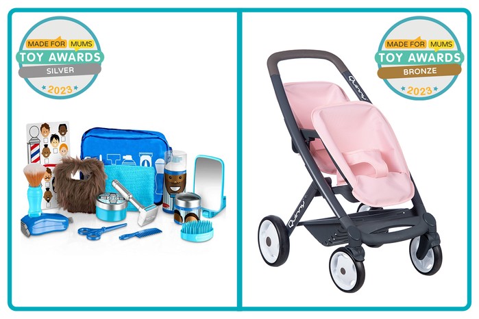 MadeForMums Toy Awards Silver winner Barber Shop Playset and Bronze winner Smoby Maxi Cosi Quinny Twin Pushchair