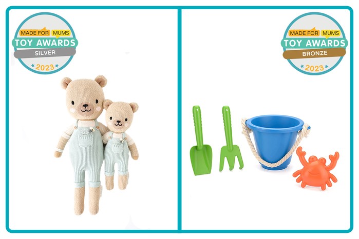 MadeForMums Toy Awards Silver winner cuddlekind - Charlie the honey bear and Bronze winner Yello Eco Recycled Plastic Beach Play Set