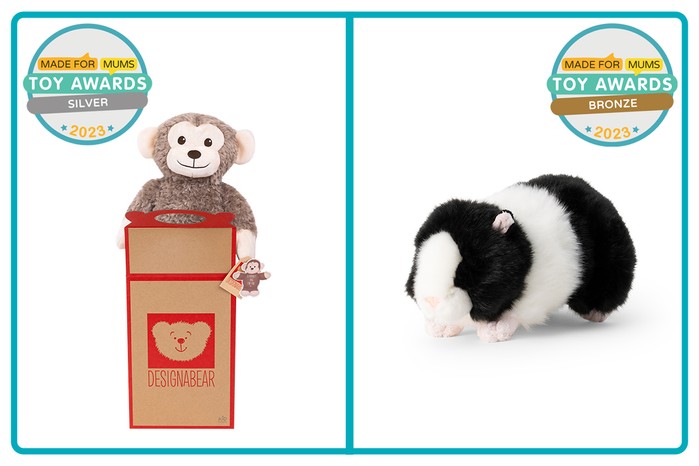 MadeForMums Toy Awards Silver winner DesignaBear Monkey Soft Toy and Bronze winner Animigos World of Nature Black and White Guinea Pig