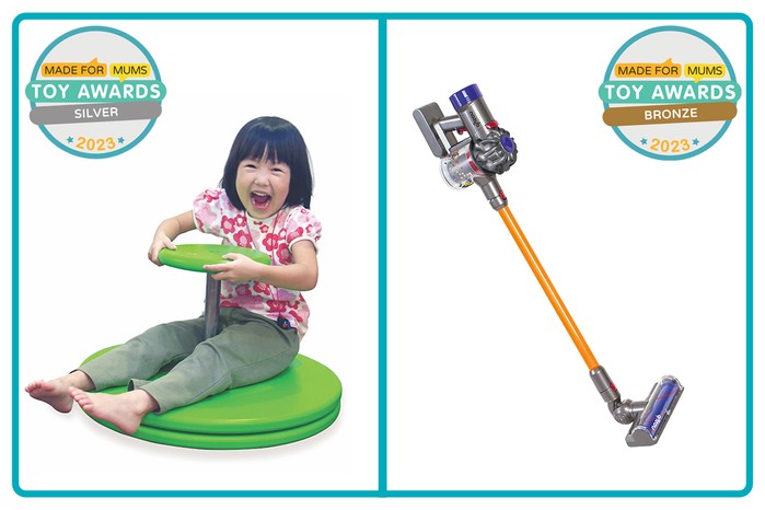 MadeForMums Toy Awards Silver winner Edx Education Whizzy Dizzy and Bronze winner Dyson Cordless Vacuum by Casdon