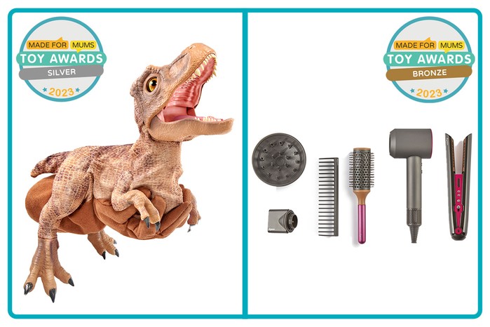 MadeForMums Toy Awards Silver winner Jurassic Park Real FX Baby T.Rex and Bronze winner Dyson Supersonic & Corrale Deluxe Styling Set by Casdon