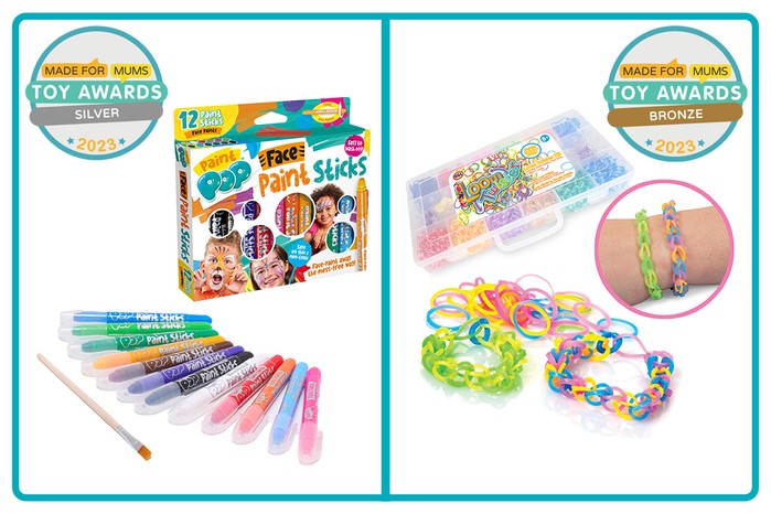 MadeForMums Toy Awards Silver winner Paint Pop Face Paints and Bronze winner HGL 3000 Piece Loom Twister Kit