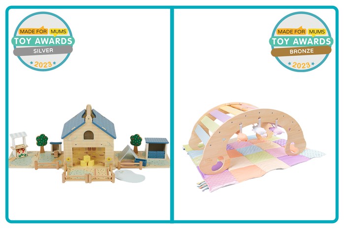MadeForMums Toy Awards Silver winner Play Store Wooden Toy Farm and Bronze winner Our Little World Activity Rocker And Play Gym